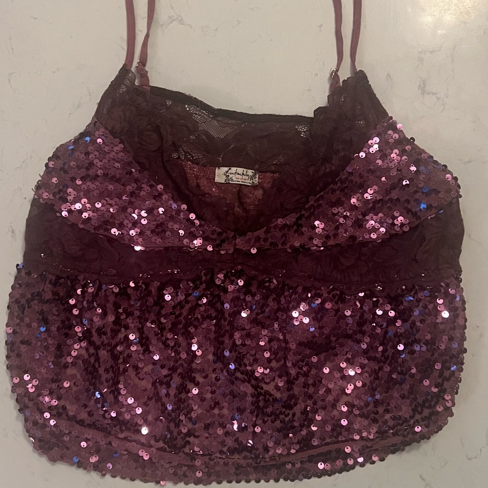 Free People Burgundy Lace and Sequin Top